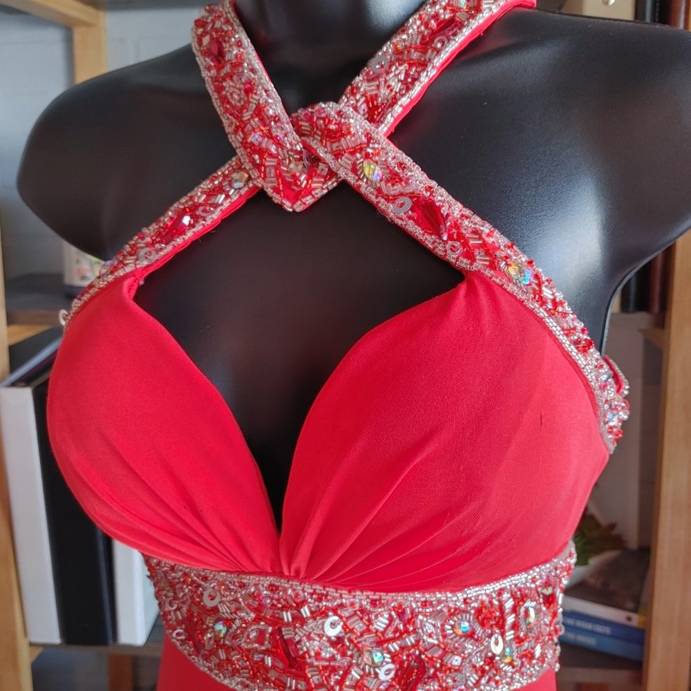 Red Prom/Formal Dress with Interlocking Neckline and Deep V - Picture 5 of 12